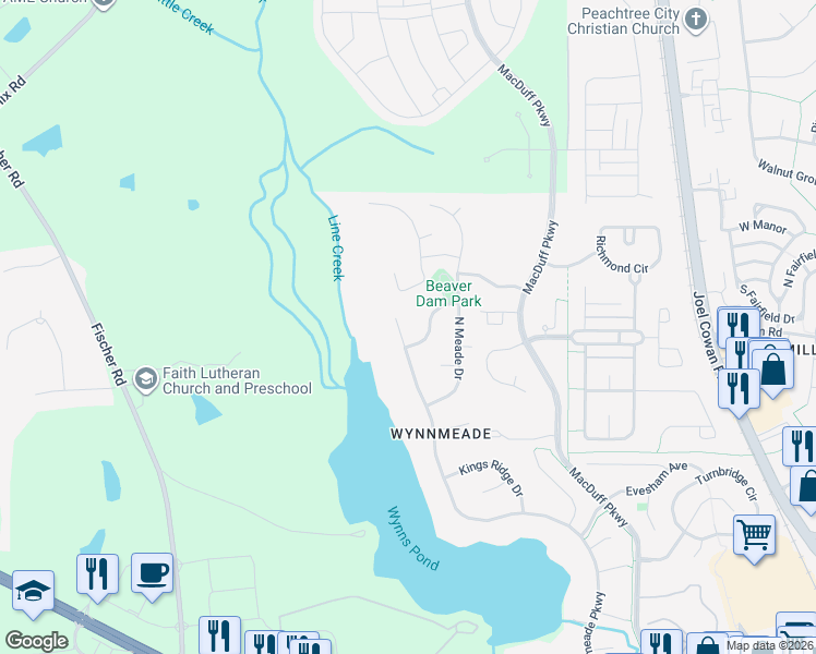 map of restaurants, bars, coffee shops, grocery stores, and more near 304 Wynnmeade Parkway in Peachtree City