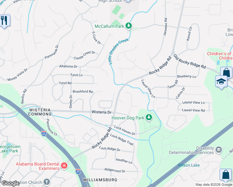 map of restaurants, bars, coffee shops, grocery stores, and more near 2320 Rocky Ridge Road in Vestavia Hills