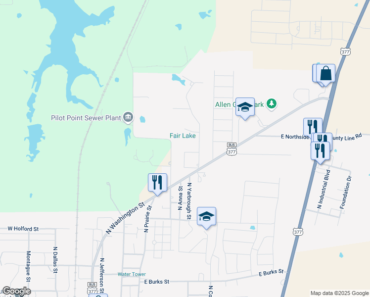 map of restaurants, bars, coffee shops, grocery stores, and more near 1300 North Saint James Circle in Pilot Point