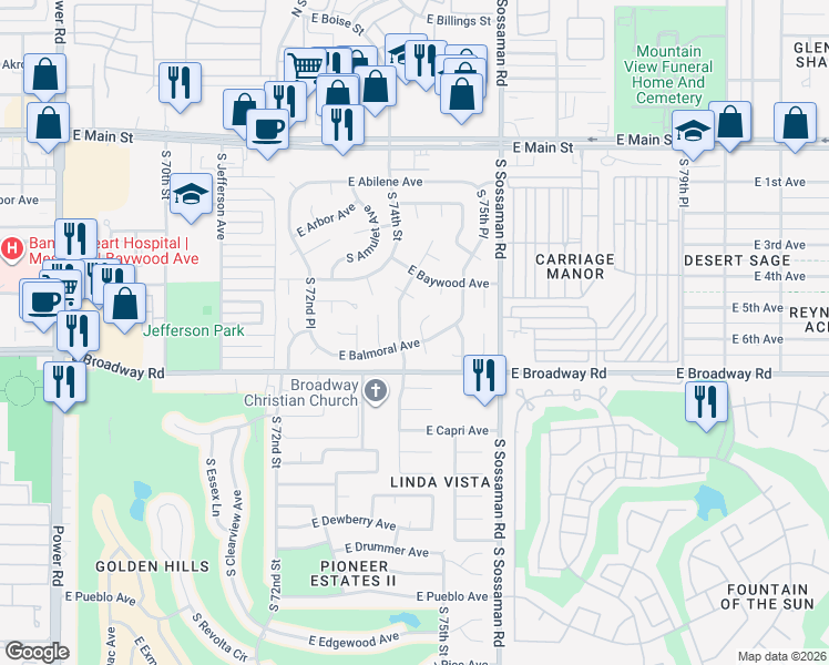 map of restaurants, bars, coffee shops, grocery stores, and more near 325 South 74th Way in Mesa