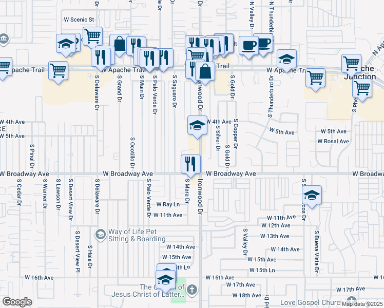 map of restaurants, bars, coffee shops, grocery stores, and more near 550 South Ironwood Drive in Apache Junction