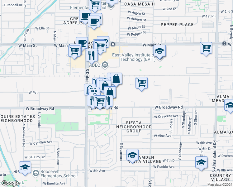 map of restaurants, bars, coffee shops, grocery stores, and more near South K Mart Access Road in Mesa
