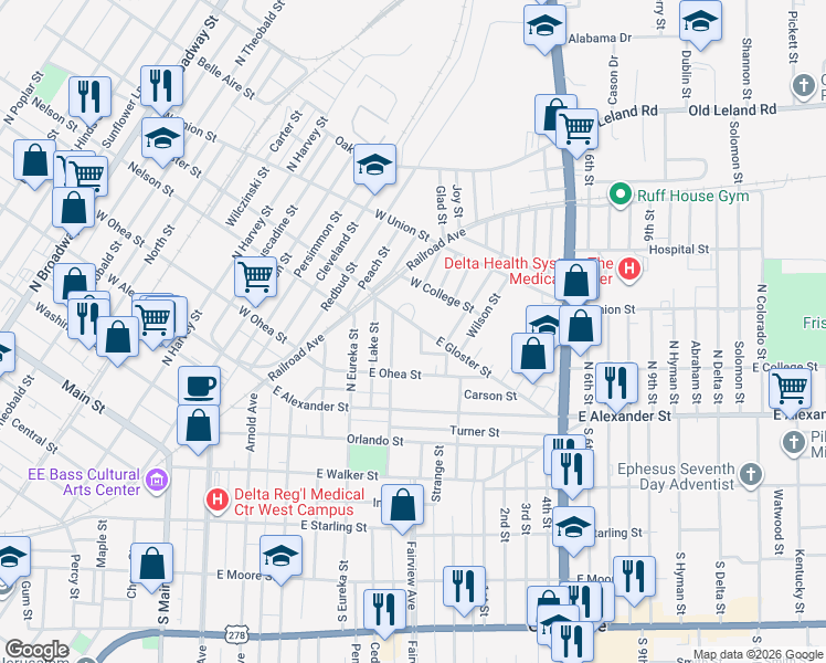 map of restaurants, bars, coffee shops, grocery stores, and more near 521 East Gloster Street in Greenville