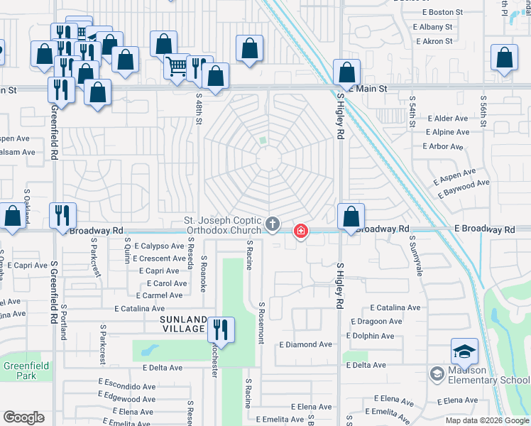 map of restaurants, bars, coffee shops, grocery stores, and more near 505 East Merlin Place in Mesa