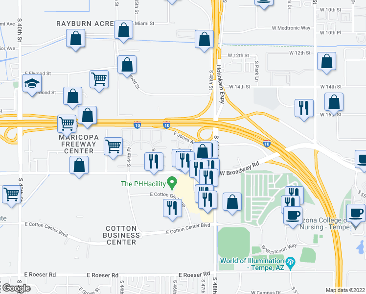 map of restaurants, bars, coffee shops, grocery stores, and more near 4634 East Southgate Avenue in Phoenix