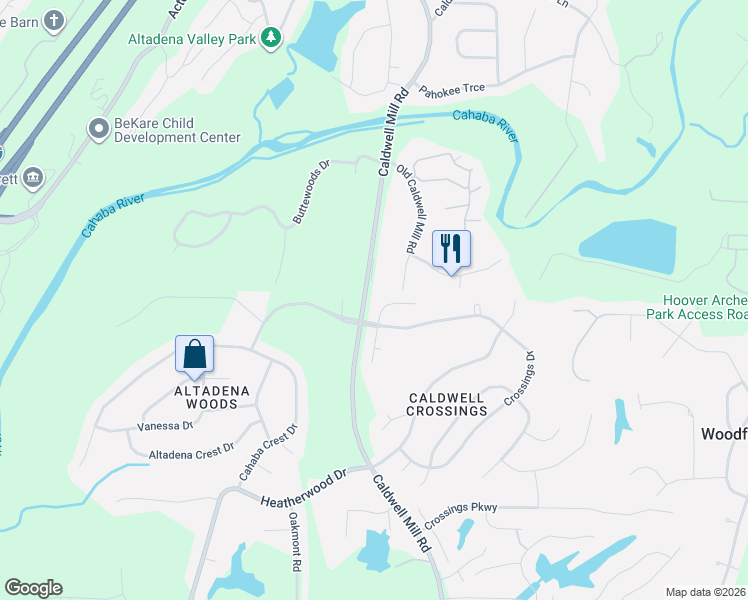 map of restaurants, bars, coffee shops, grocery stores, and more near 3424 Crossings Way in Birmingham