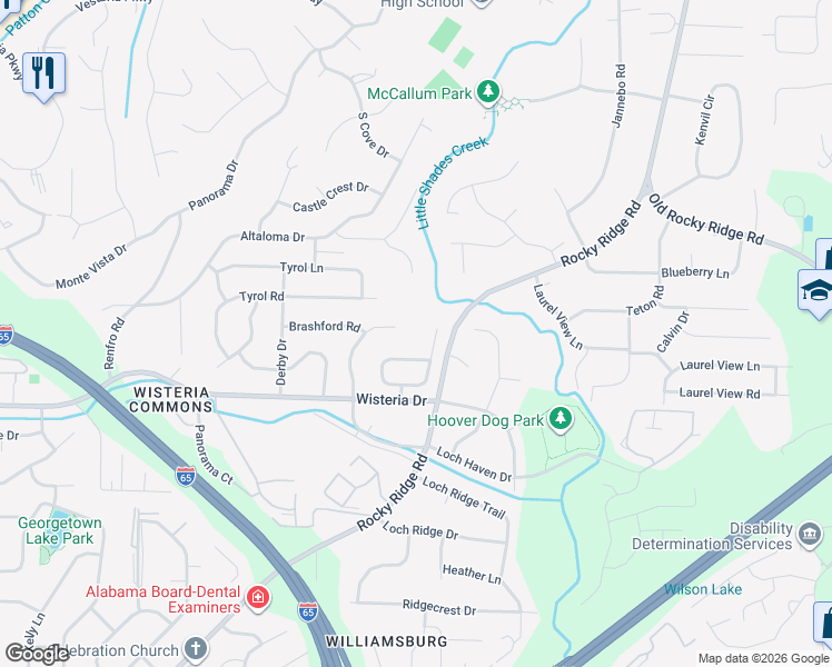 map of restaurants, bars, coffee shops, grocery stores, and more near 2320 Rocky Ridge Road in Vestavia Hills