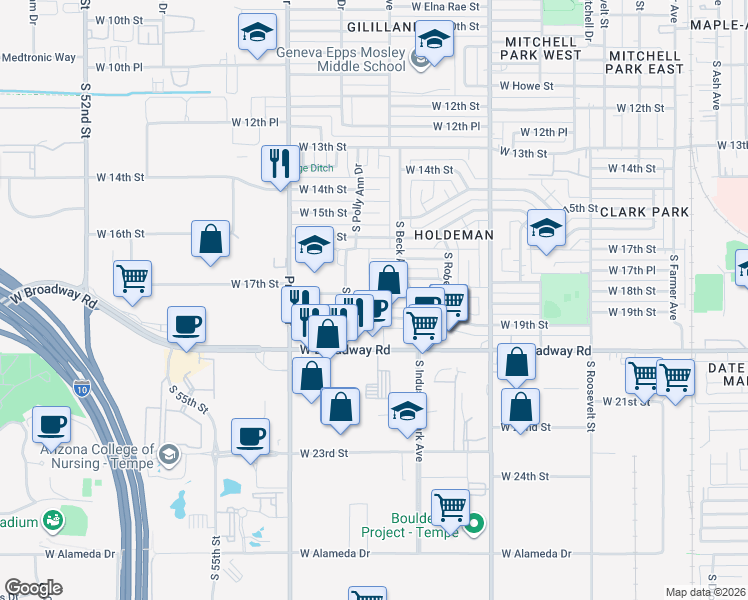 map of restaurants, bars, coffee shops, grocery stores, and more near 1728 South Shafer Drive in Tempe