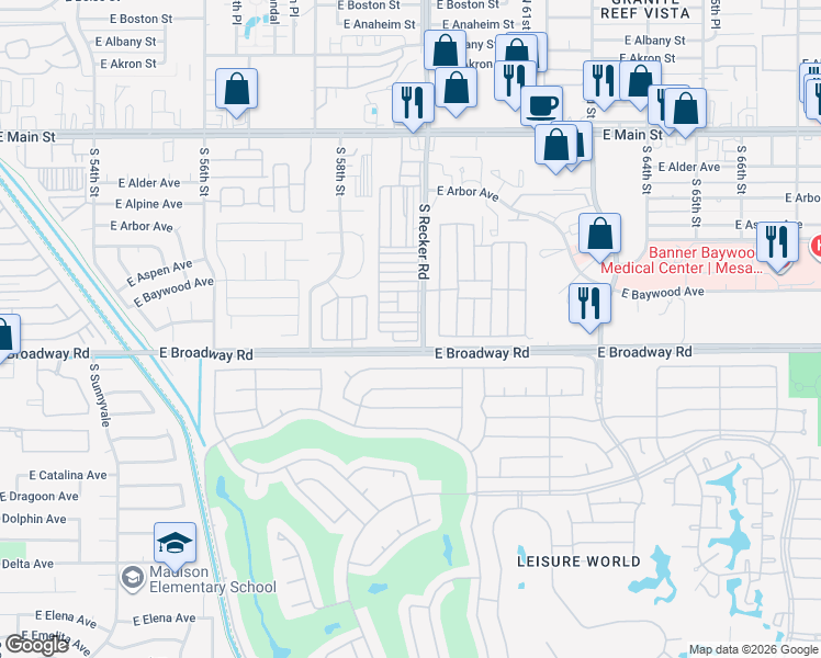 map of restaurants, bars, coffee shops, grocery stores, and more near 336-374 South Recker Road in Mesa