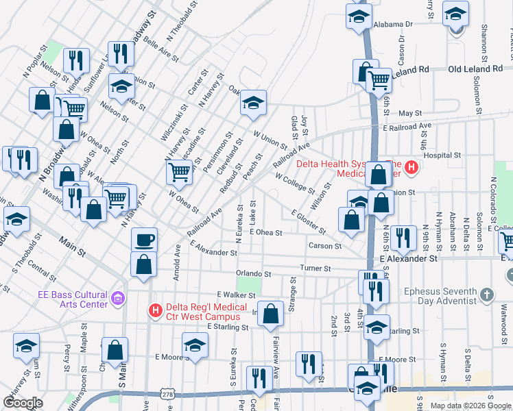 map of restaurants, bars, coffee shops, grocery stores, and more near 356 Lake St in Greenville