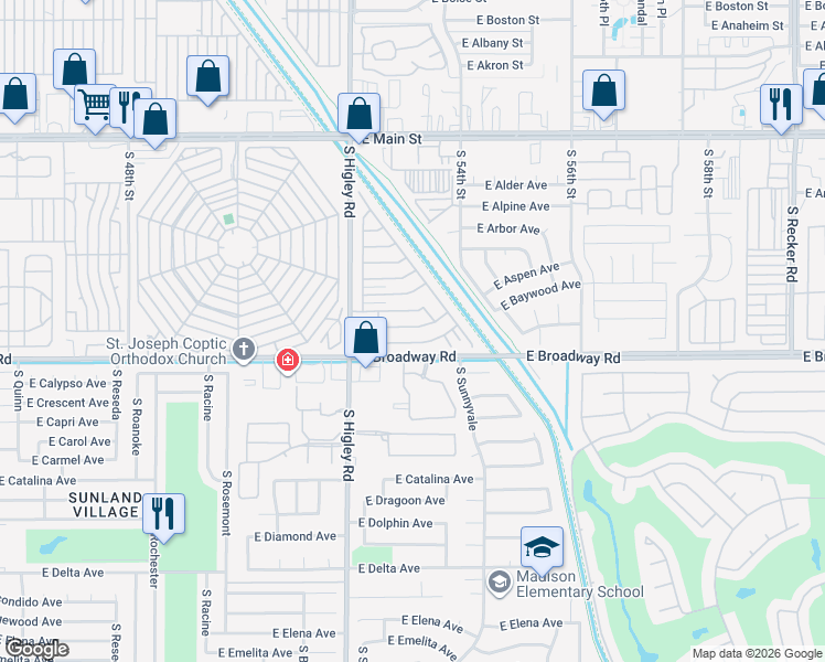 map of restaurants, bars, coffee shops, grocery stores, and more near 205 South Higley Road in Mesa