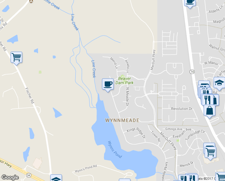 map of restaurants, bars, coffee shops, grocery stores, and more near 304 Wynnmeade Parkway in Peachtree City
