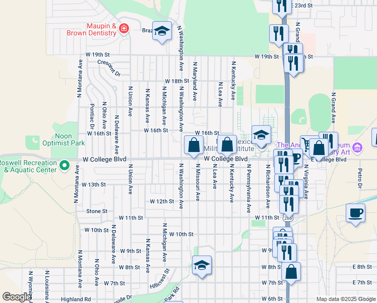 map of restaurants, bars, coffee shops, grocery stores, and more near 513 West College Boulevard in Roswell
