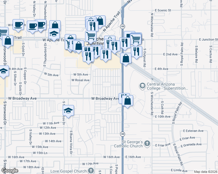map of restaurants, bars, coffee shops, grocery stores, and more near 4th Avenue in Apache Junction