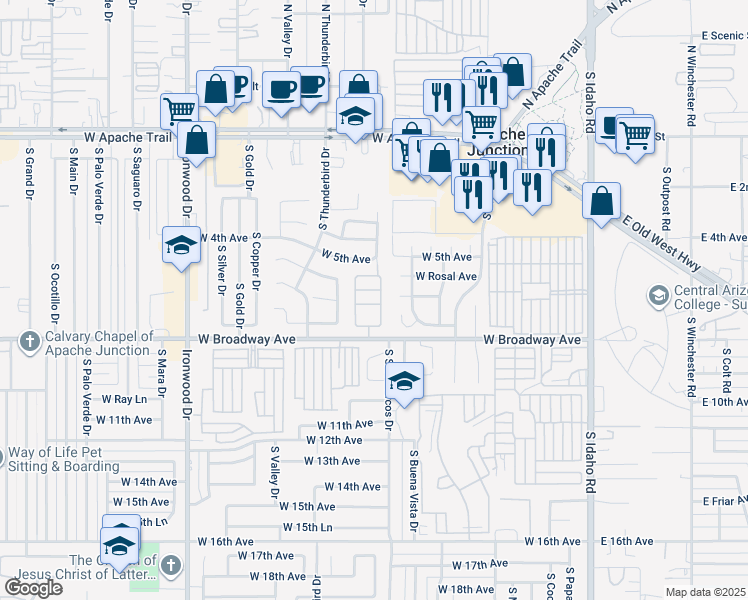 map of restaurants, bars, coffee shops, grocery stores, and more near 900 West Broadway Avenue in Apache Junction