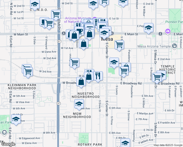 map of restaurants, bars, coffee shops, grocery stores, and more near 240 South Macdonald in Mesa