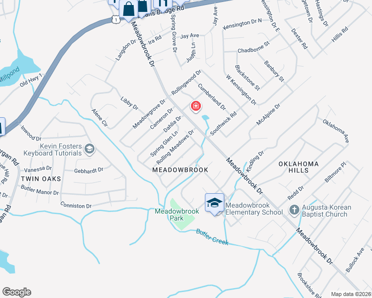 map of restaurants, bars, coffee shops, grocery stores, and more near 3603 Columbine Drive in Augusta
