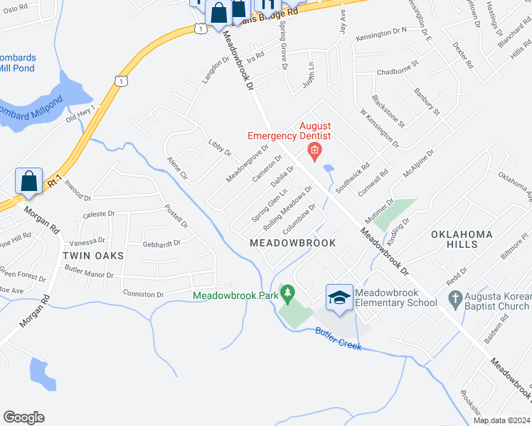 map of restaurants, bars, coffee shops, grocery stores, and more near 3528 Spring Glen Lane in Augusta