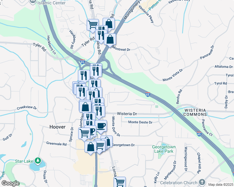 map of restaurants, bars, coffee shops, grocery stores, and more near 2200 Little Valley Road in Birmingham