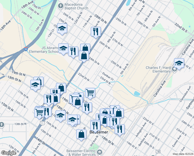 map of restaurants, bars, coffee shops, grocery stores, and more near 629 22nd Court North in Bessemer
