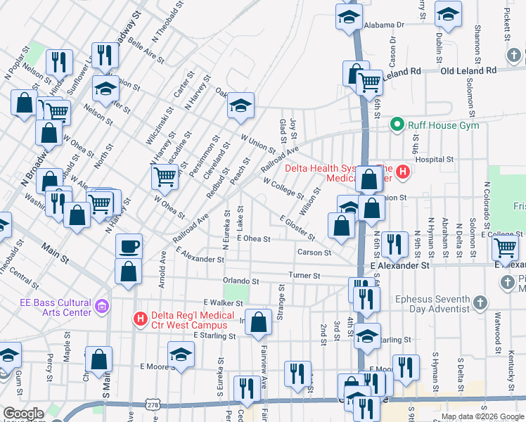 map of restaurants, bars, coffee shops, grocery stores, and more near 521 East Gloster Street in Greenville