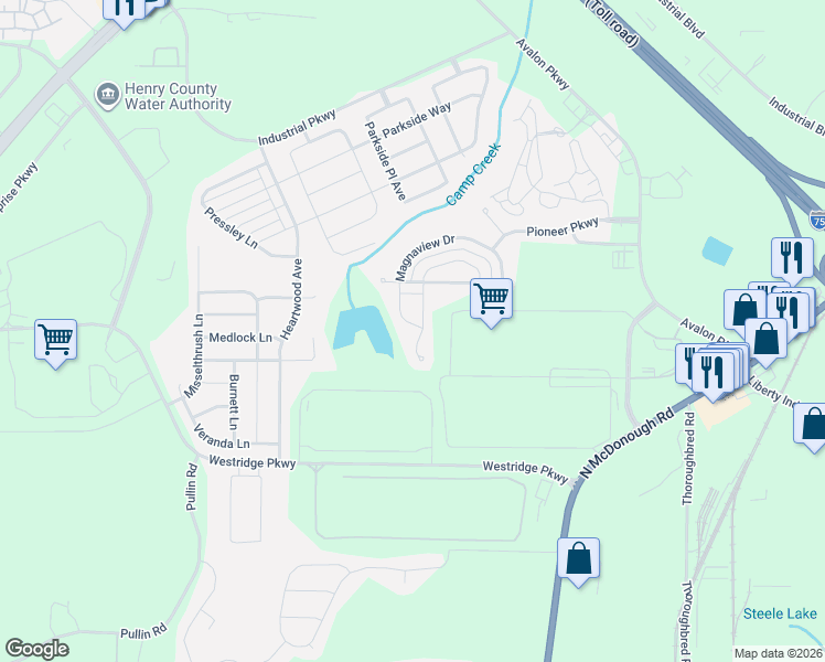 map of restaurants, bars, coffee shops, grocery stores, and more near 769 Galveston Way in McDonough