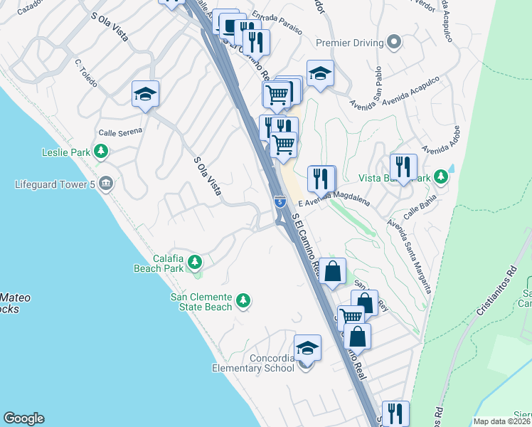 map of restaurants, bars, coffee shops, grocery stores, and more near 117 West Avenida Magdalena in San Clemente