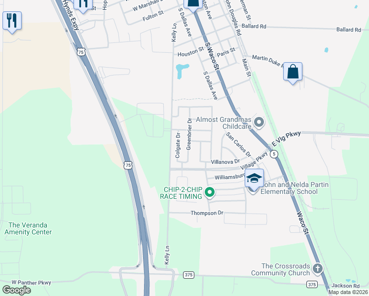 map of restaurants, bars, coffee shops, grocery stores, and more near 1513 Colgate Drive in Van Alstyne