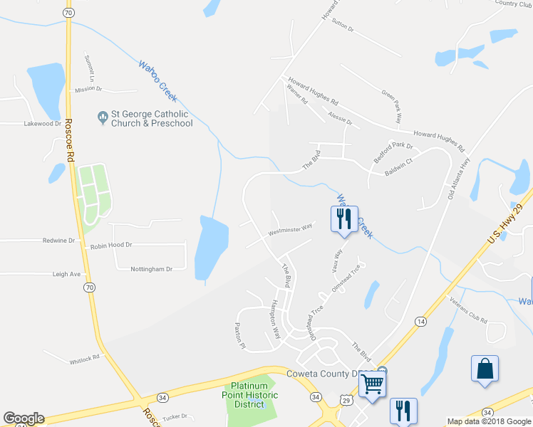 map of restaurants, bars, coffee shops, grocery stores, and more near 22 Nash Lane in Newnan