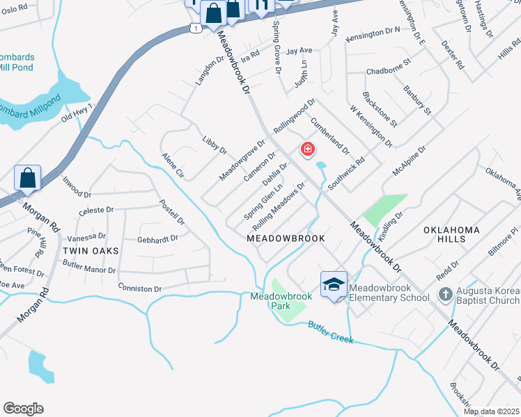 map of restaurants, bars, coffee shops, grocery stores, and more near 3528 Spring Glen Lane in Augusta