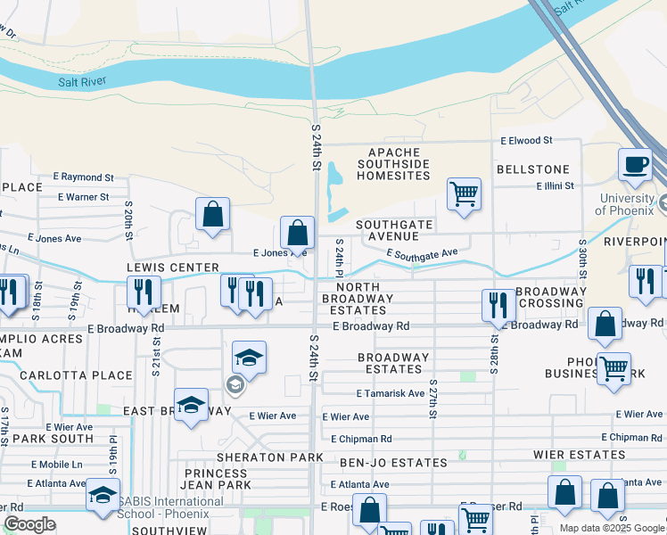 map of restaurants, bars, coffee shops, grocery stores, and more near 4036 South 24th Place in Phoenix