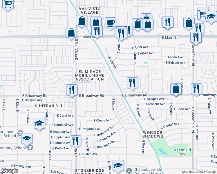 map of restaurants, bars, coffee shops, grocery stores, and more near 8th St in Mesa