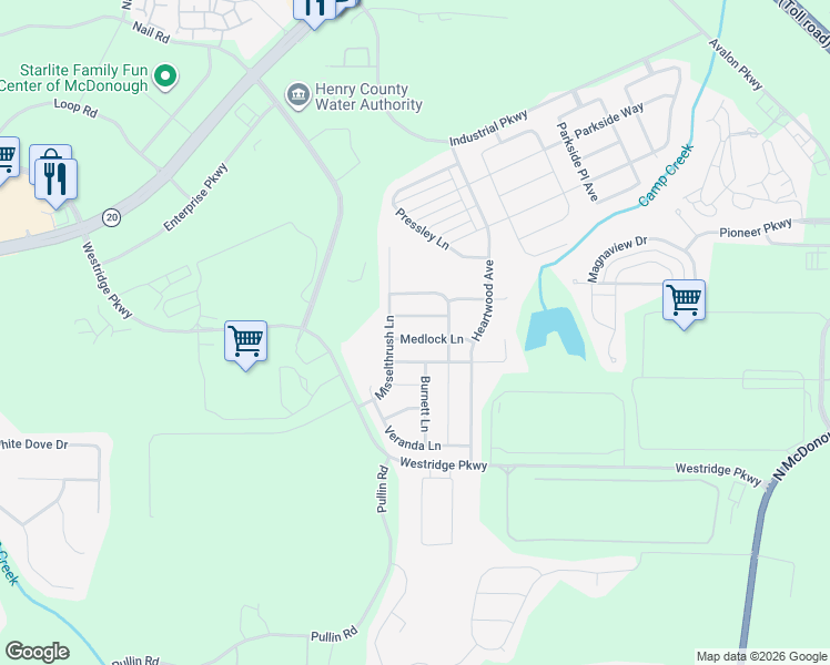 map of restaurants, bars, coffee shops, grocery stores, and more near 2114 Lennox Lane in McDonough