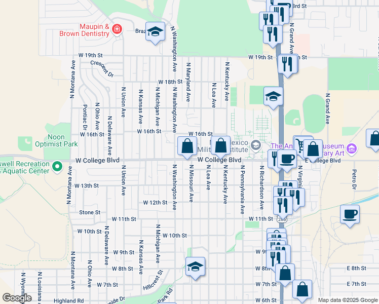 map of restaurants, bars, coffee shops, grocery stores, and more near 513 West College Boulevard in Roswell