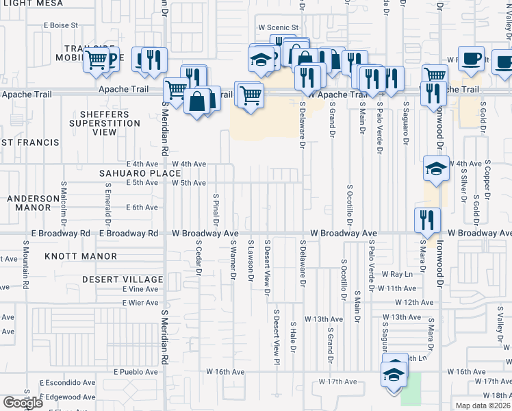 map of restaurants, bars, coffee shops, grocery stores, and more near 610 South Desert View Drive in Apache Junction