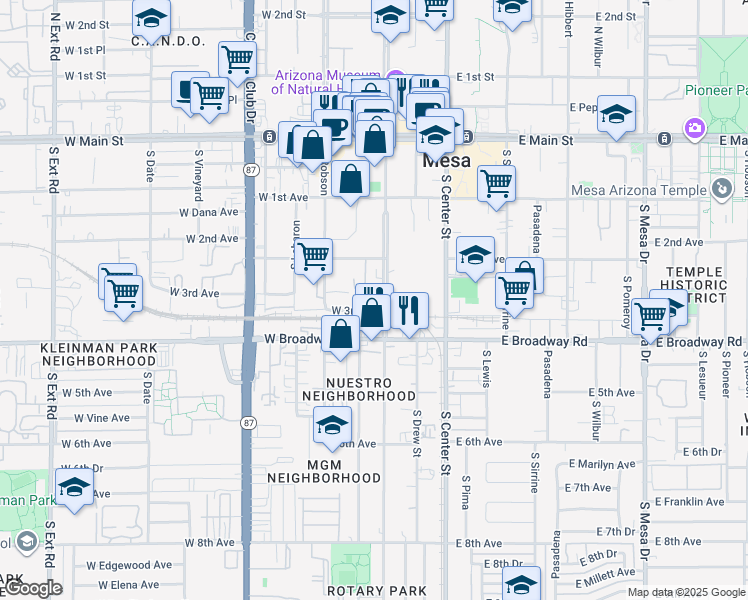 map of restaurants, bars, coffee shops, grocery stores, and more near 240 South Macdonald in Mesa