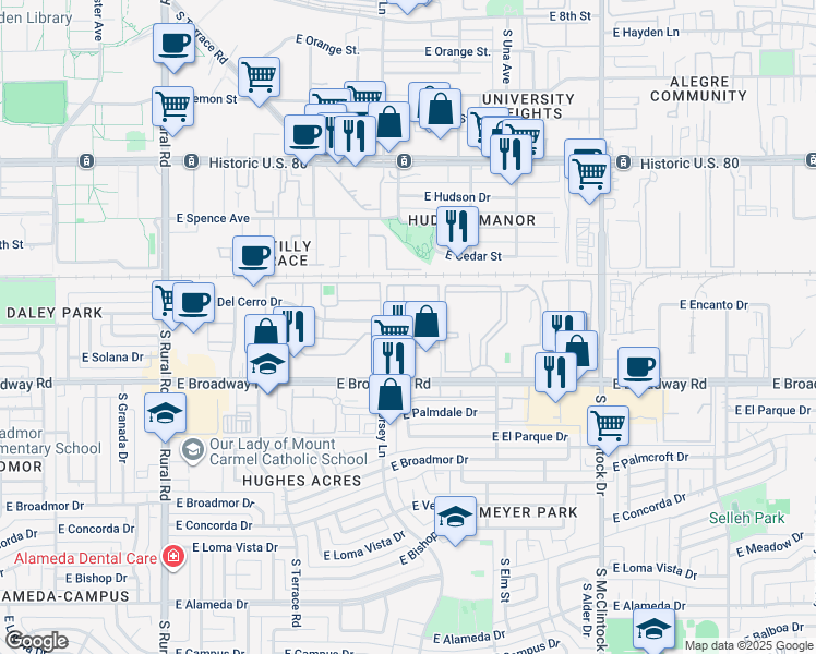 map of restaurants, bars, coffee shops, grocery stores, and more near 1717 South Dorsey Lane in Tempe