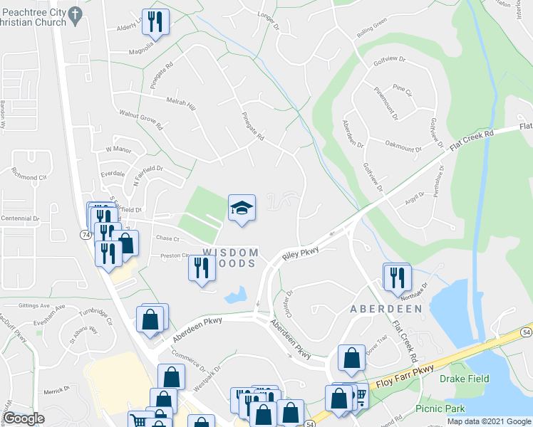 map of restaurants, bars, coffee shops, grocery stores, and more near 65 Cobblestone Creek in Peachtree City