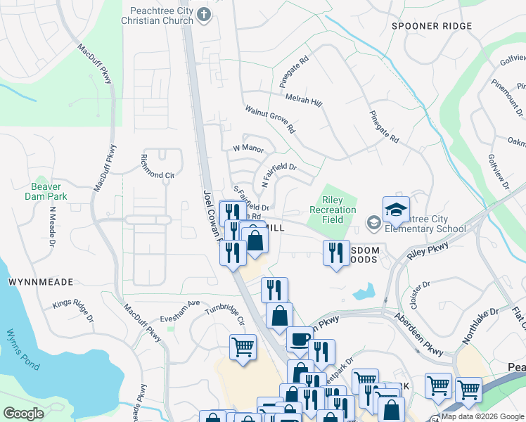 map of restaurants, bars, coffee shops, grocery stores, and more near 705 South Fairfield Drive in Peachtree City