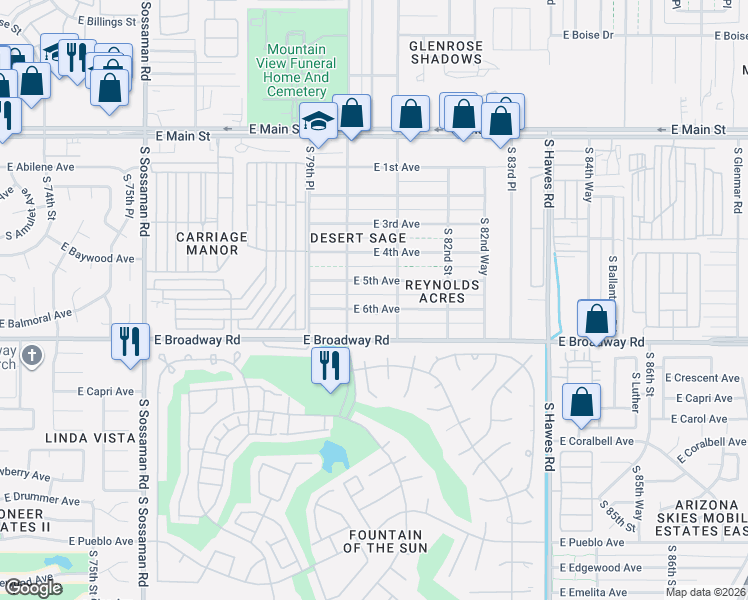 map of restaurants, bars, coffee shops, grocery stores, and more near 8035 East 5th Avenue in Mesa