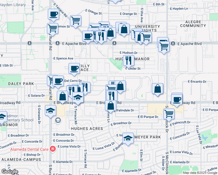 map of restaurants, bars, coffee shops, grocery stores, and more near in Tempe