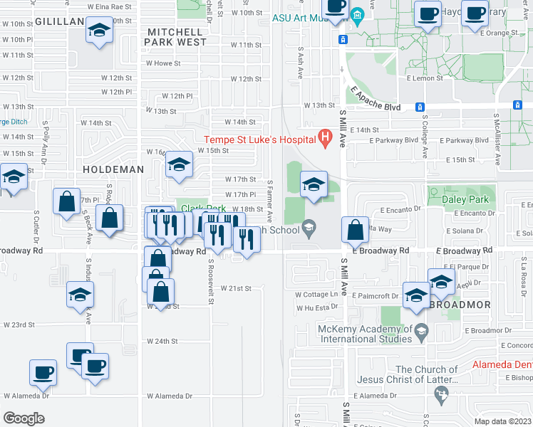 map of restaurants, bars, coffee shops, grocery stores, and more near 509 West 18th Street in Tempe
