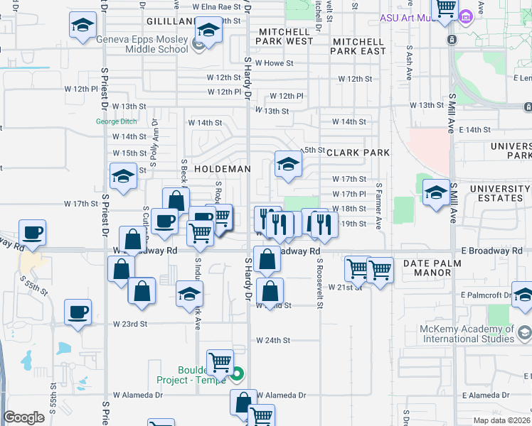 map of restaurants, bars, coffee shops, grocery stores, and more near 805 West 17th Place in Tempe
