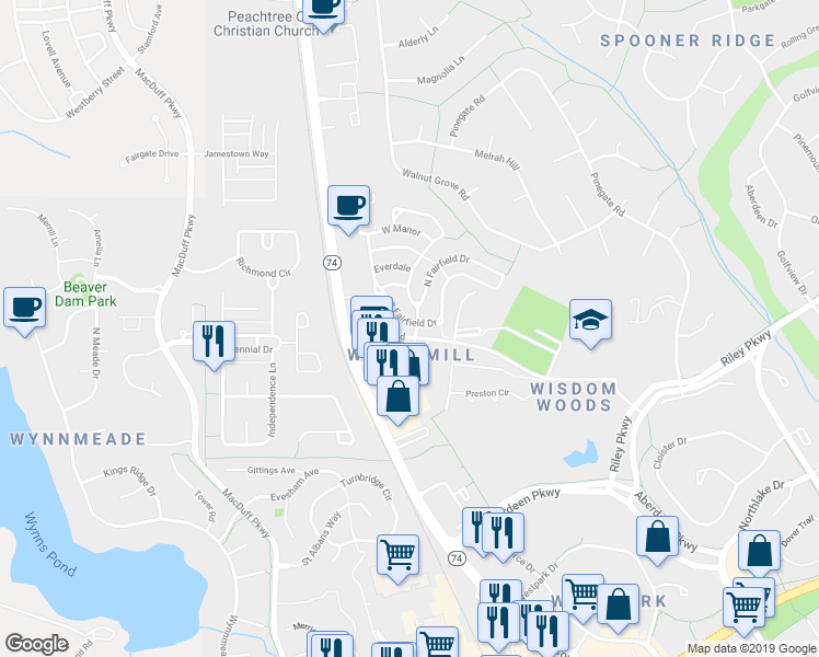 map of restaurants, bars, coffee shops, grocery stores, and more near 100 South Fairfield Drive in Peachtree City