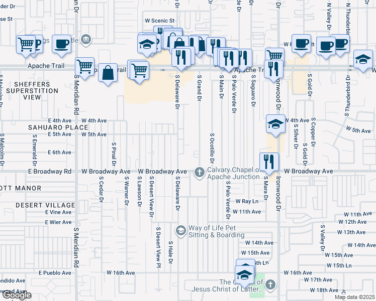 map of restaurants, bars, coffee shops, grocery stores, and more near 537 South Delaware Drive in Apache Junction