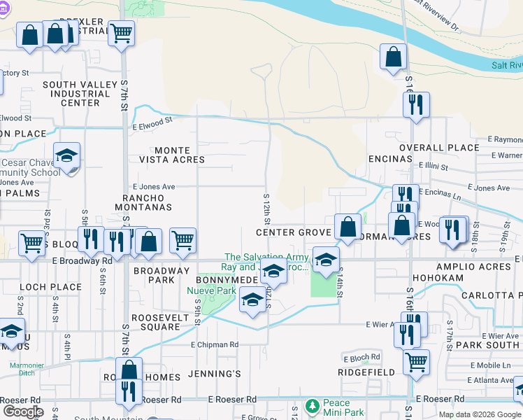 map of restaurants, bars, coffee shops, grocery stores, and more near 4030 South 12th Street in Phoenix
