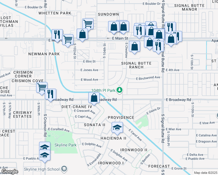 map of restaurants, bars, coffee shops, grocery stores, and more near 10415 East Bramble Avenue in Mesa