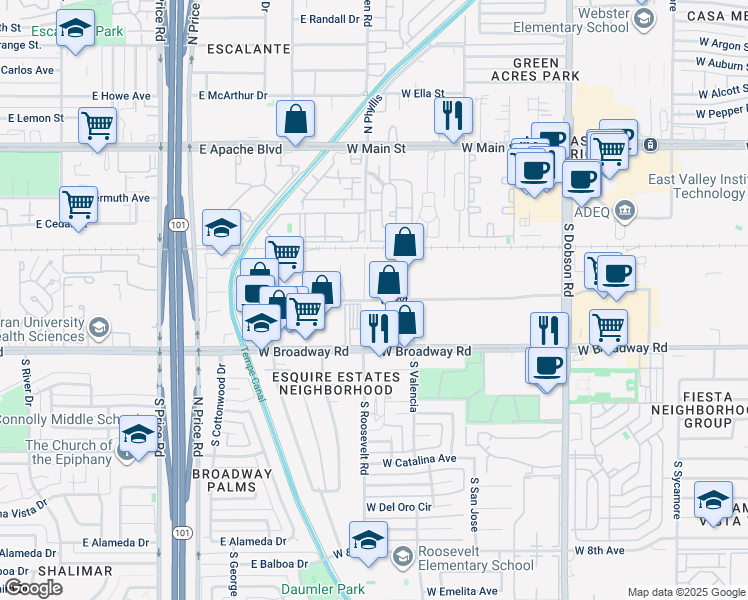 map of restaurants, bars, coffee shops, grocery stores, and more near 2098 W Pvt in Mesa