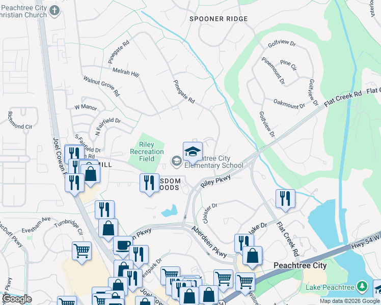 map of restaurants, bars, coffee shops, grocery stores, and more near 66 Cobblestone Creek in Peachtree City