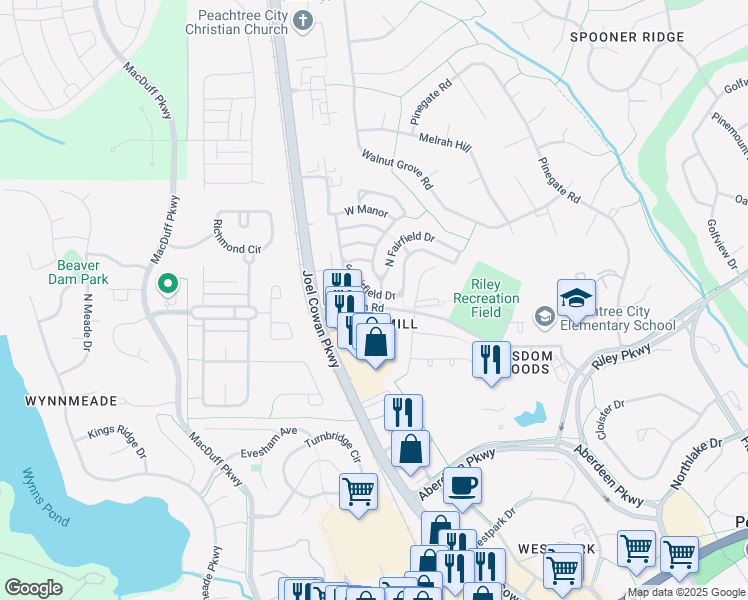 map of restaurants, bars, coffee shops, grocery stores, and more near 100 South Fairfield Drive in Peachtree City